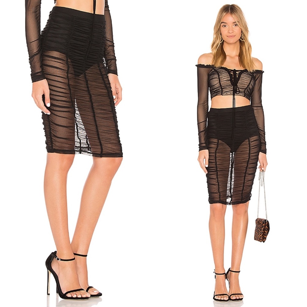 MAJORELLE BLACK RUCHED ILLUSION BODYCON SKIRT